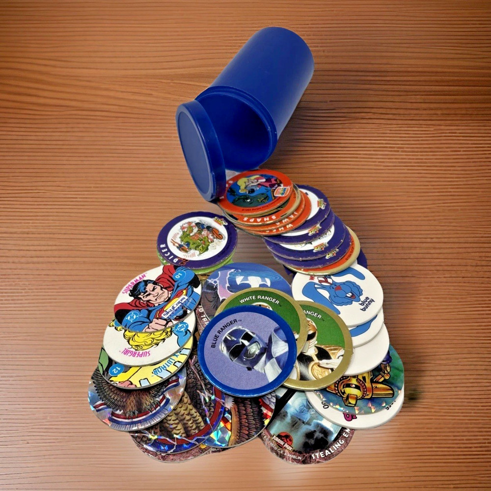 Vintage Pogs Lot Various 1990s Power Rangers, Jurassic Park, DC Comics w/ Tube