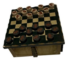 Vintage Handmade wooden wildlife-themed checkers set