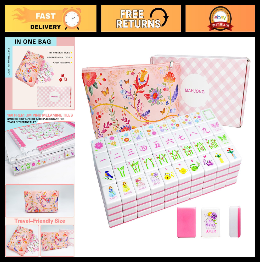 Portable Pink Mahjong Set – 160 Premium Melamine Tiles, Engraved, Compact & Trav