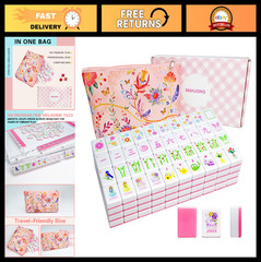 Portable Pink Mahjong Set – 160 Premium Melamine Tiles, Engraved, Compact & Trav