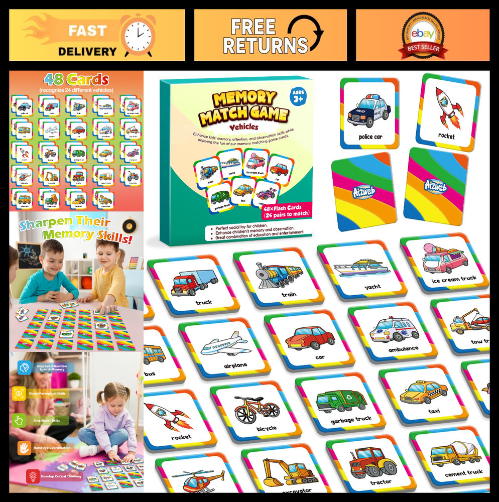 48 Pcs Vehicle Memory Match Game for Kids 3-6, Educational Flash Cards, Toddler