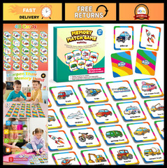 48 Pcs Vehicle Memory Match Game for Kids 3-6, Educational Flash Cards, Toddler