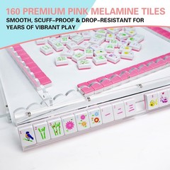 Portable Pink Mahjong Set – 160 Premium Melamine Tiles, Engraved, Compact & Trav