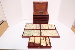 ATQ MAH JONGG SET BONE BAMBOO RARE HAND Carved mahjong THICK TILES Wood Case_)
