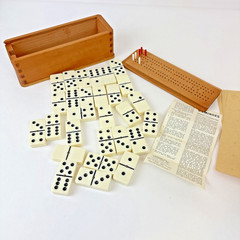 Vintage Cribbage Dominoes Game Set Double 6 Metal Dot Wood Box Japan