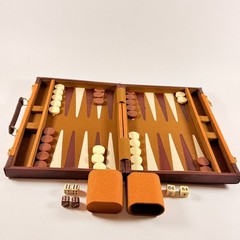 Vintage Travel Size Backgammon Set Faux Leather Compact Design With Dice & Cups