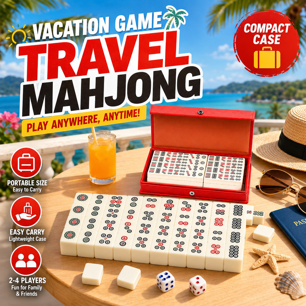 Travel Size Mahjong Set 144 Tiles 2 Dice Compact Red Case Family Gift Game