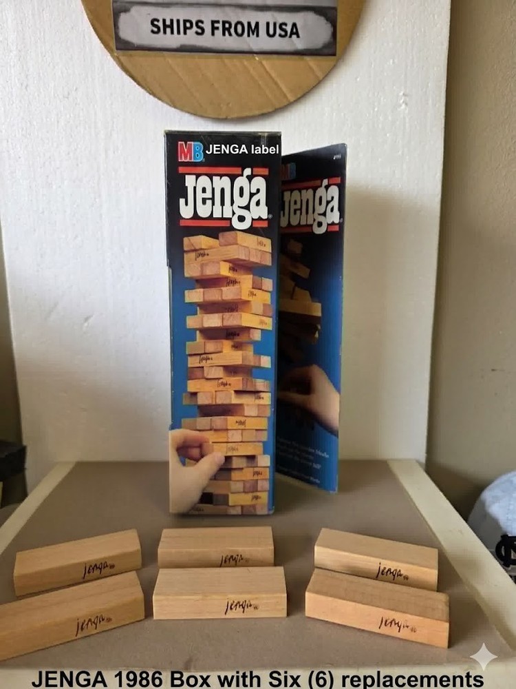 Replacement 1986 VINTAGE Jenga Box Original Milton Bradley w 6 replacement parts