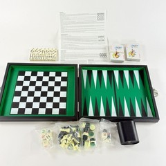 5 In 1 Compact Travel Game Set Chess Backgammon Checkers Domino Poker Dice W/ Ca