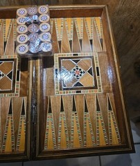 Vintage Mosaic Inlay Chess Backgammon Set Handcrafted Wood Marquetry Game Box