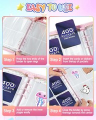 Loiuvos 4 Pocket Card Binder for Girls with 20 Stickers, A5 4-Pocket, A Pink