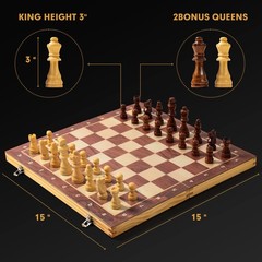 15″ x 15″ Magnetic Wooden Folding Chess Set with 2 Extra Queens, Handmade Game B