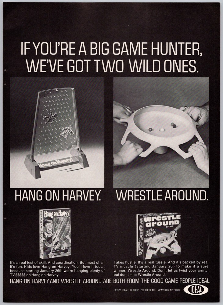 1970 Ideal Action Games Vintage Toy Ad Hang on Harvey & Wrestle Around