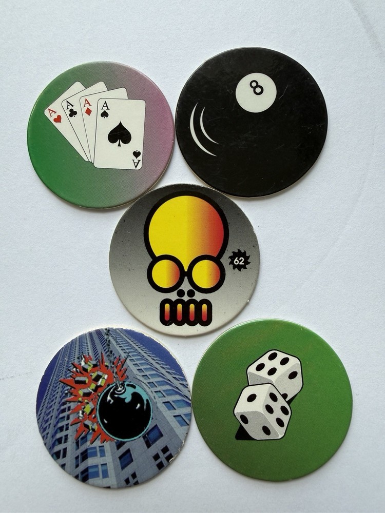 Vintage POG Milk Cap Lot of 5 Casino 8 Ball Dice Four Aces Bomb Skull 1990s