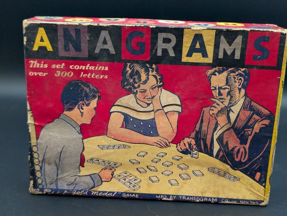 Antique ANAGRAMS Word Game Original Box, 300ish Letter Tiles, Transogram Co #80
