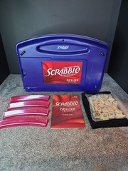 Scrabble Deluxe Travel Blue Carrying Case Rotating Board COMPLETE