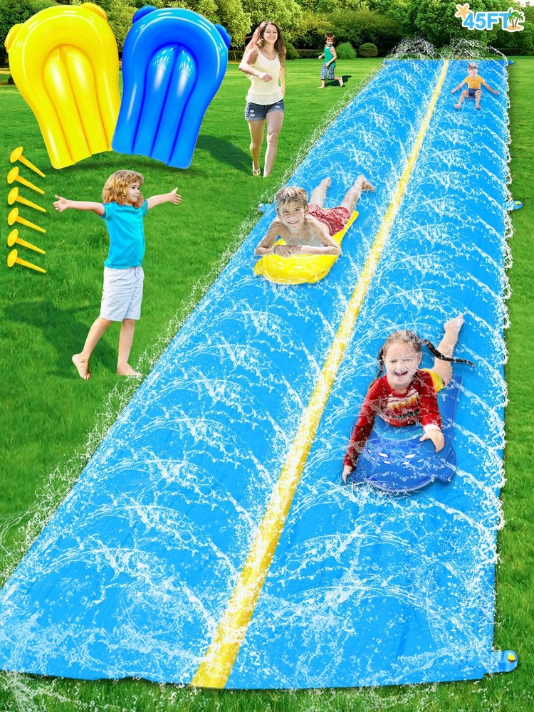 Water Slide 45Ft Double Lane Heavy Duty Yellow Sprinkler Bodyboards iGeeKid