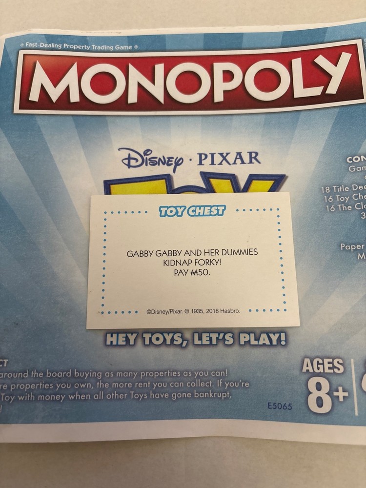 2018 Monopoly Toy Story Gabby Gabby Kidnap Forky Community Chest Card Game Piece