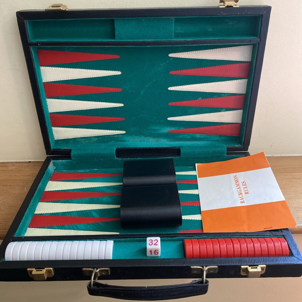 Backgammon Red White Green Set Retro Vintage Leather Style Case Travel Game Kit