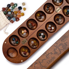Deluxe Mancala Set: Real Wood Hinged Board with 48 Natural Multicolor Stones – A