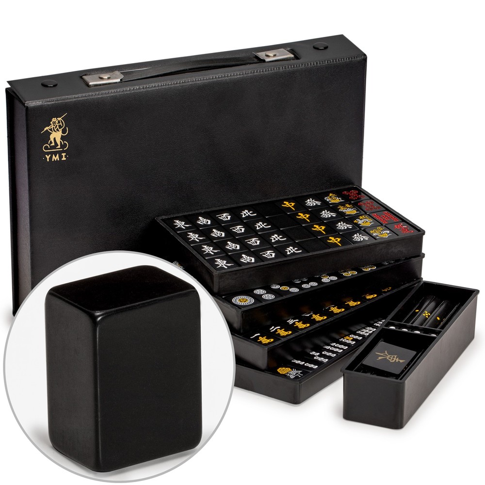 Japanese Riichi Mahjong Set with Black Standard Size Tiles and Black Vinyl Case