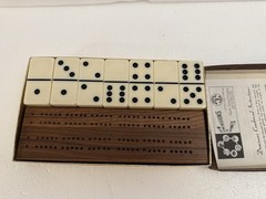Vintage Pleasantime Dominoes Set Double Six Opalene Walnut Cribbage Counter Box
