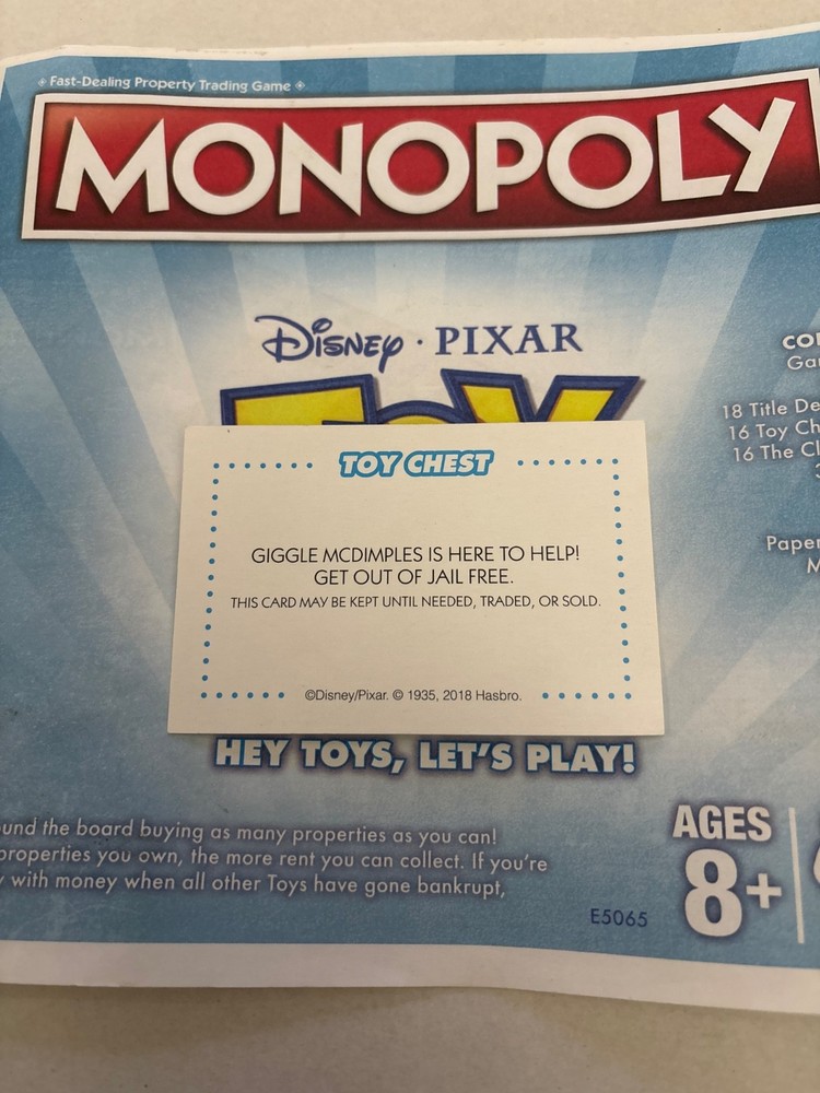 2018 Monopoly Toy Story Get Out Of Jail Free Community Chest Card Game Piece