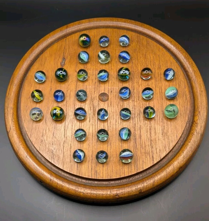 Wood Solitaire Marble Game Board, Solid Hardwood Hand Made