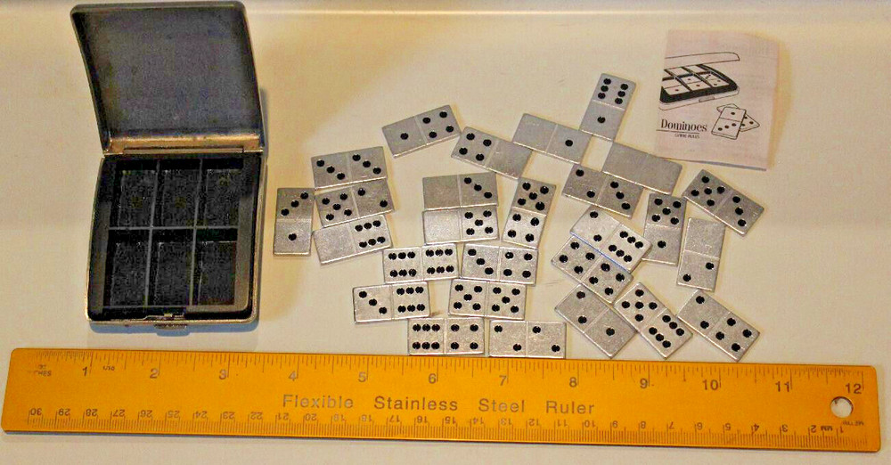 28 Piece Metal Double-6’s Dominoes Set ~ Mini~Travel w/Case~Complete Refurb CASE