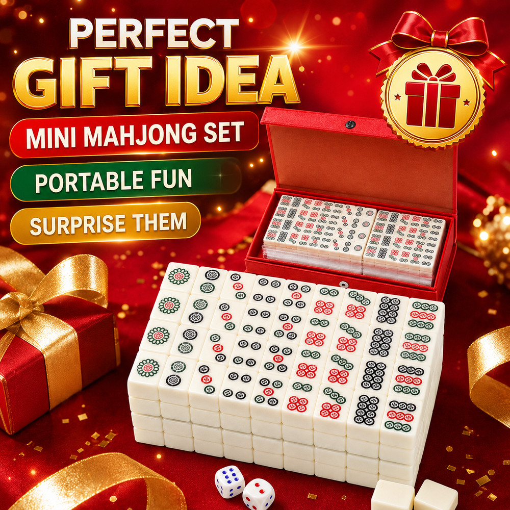 Compact Mini Mahjong Set 144 Tiles 2 Dice Red Case Portable Travel Game Gift Box