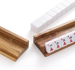 Wood Mahjong Racks,Set of 4 Tile Racks&Pushers, Complete with Storage Bag,Acacia