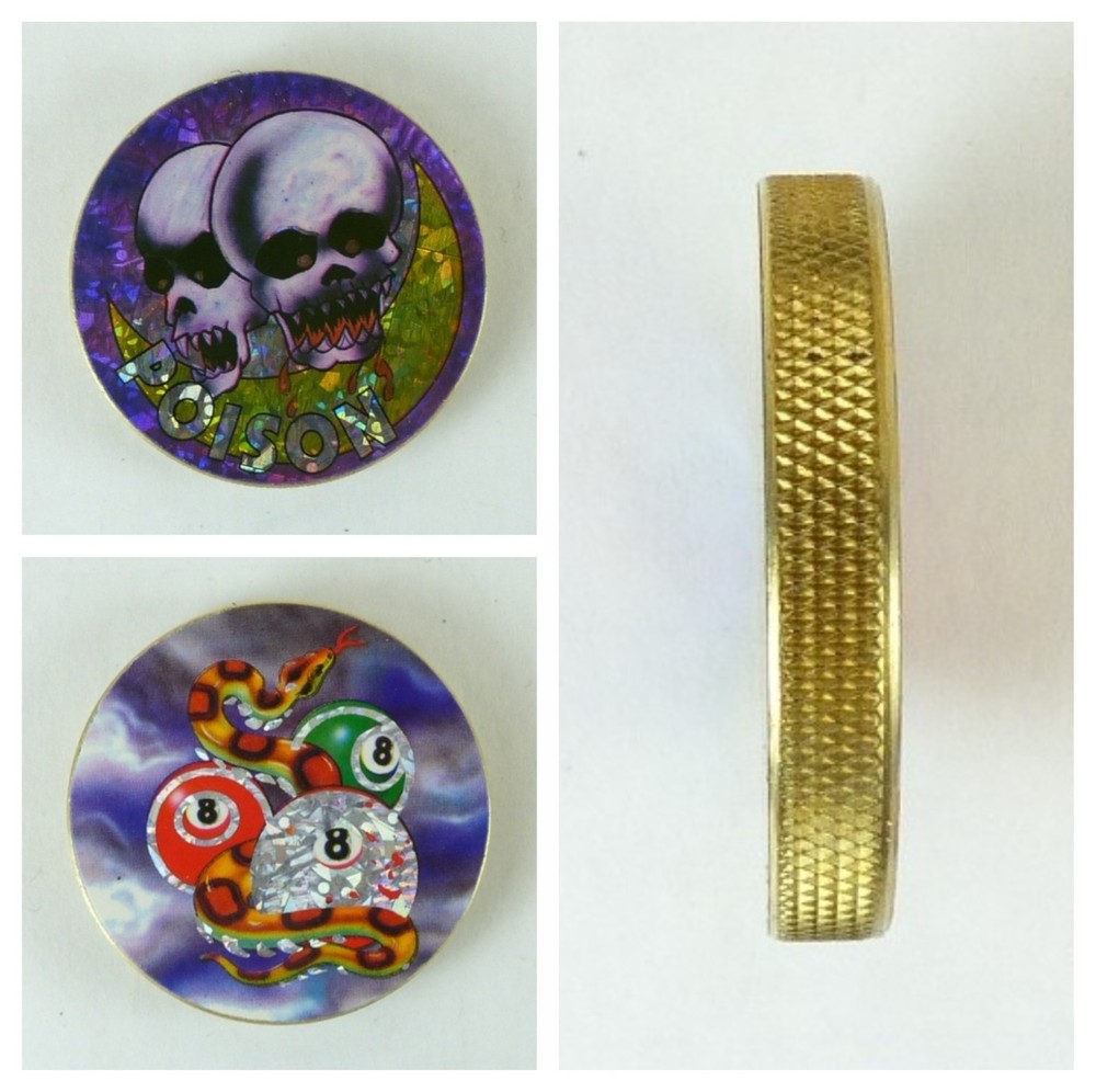 1/4″ Thick 2.5oz Heavy Brass Double Sided Pogs Slammer Poison Skull 8 Balls