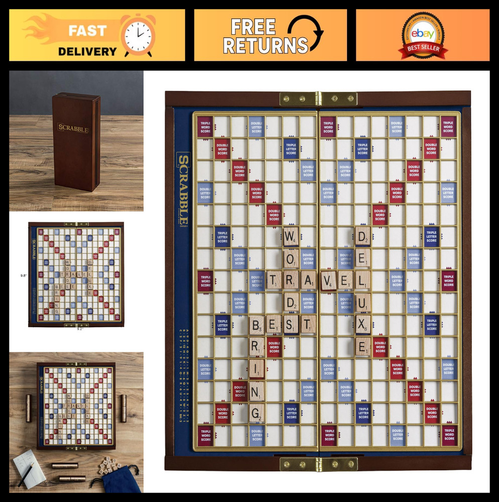 Deluxe Travel Scrabble Game Set | Compact Wooden Case, Hidden Storage, Magnetic