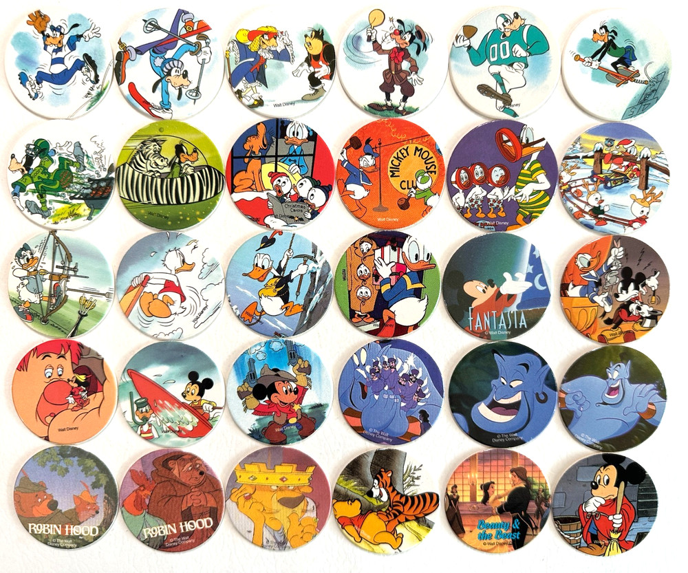 VINTAGE POGS 30 VARIOUS CLASSIC BEAUTIFUL NEW DISNEY MILK CAPS** TAKE A LQQK **