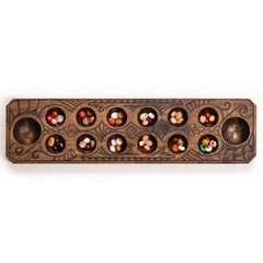 Mancala Set With Solid Wood Board and Quartz Pebble Playing Pieces