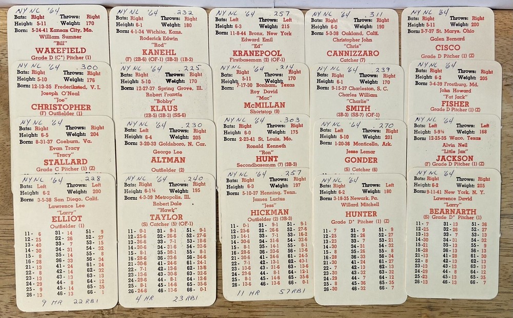 Original APBA 1964 New York Mets Team Set of 20 Cards – Kranepool – Hunt – More