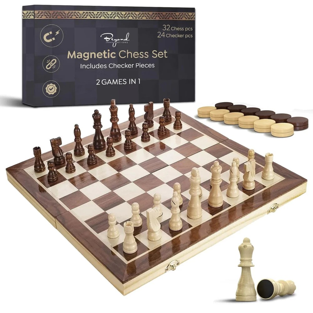 NEW Beyond Innovations 2 in 1 Magnetic Wooden Chess and Checkers Set 15″ x 15″