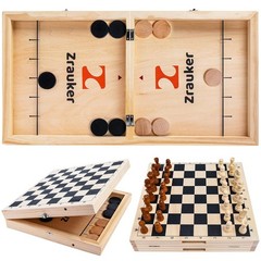 Foldable Wooden Fast Sling Puck & Chess Game. New game with light damage to box