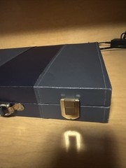Vintage BACKGAMMON Travel Game Set Navy Blue Faux Leather Folding Case Compact