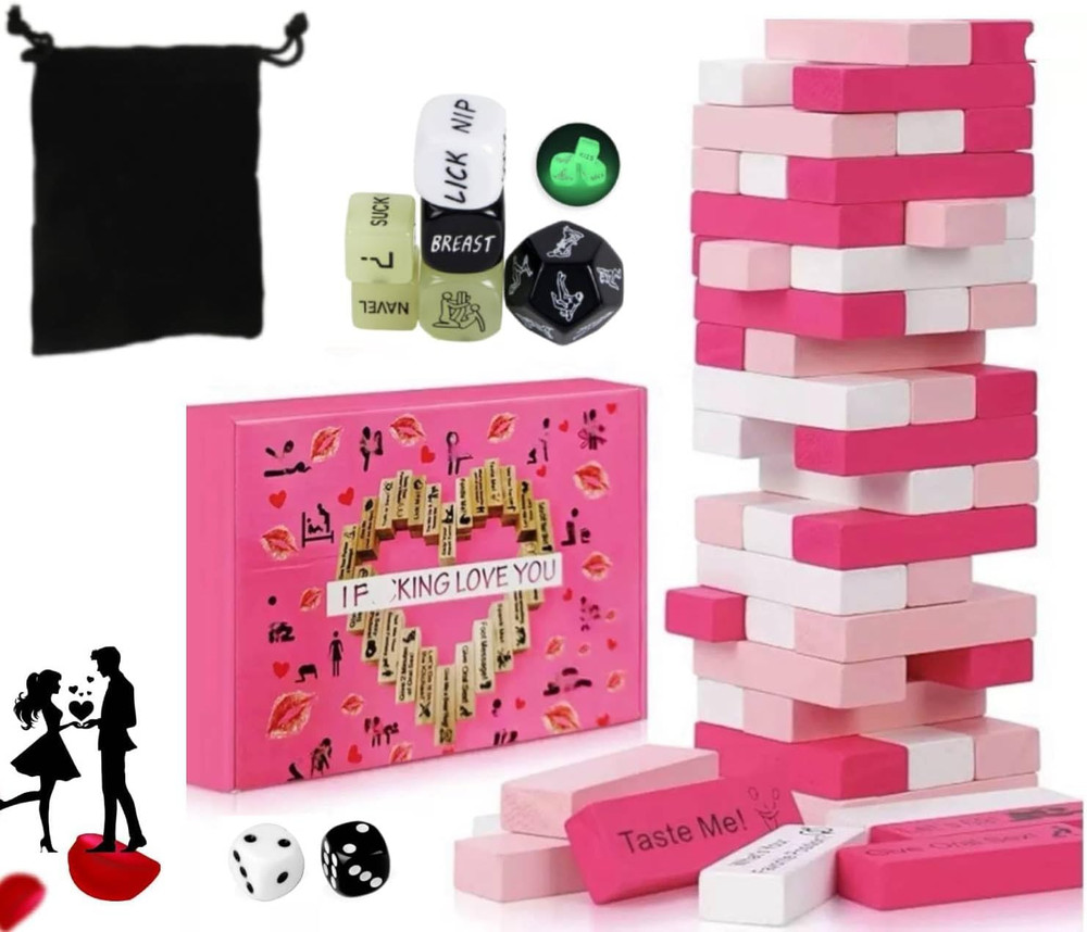 Couple Lust Tower Game – 48PCS Wooden Naughty Blocks & 8 Sex Dice Set (3 Glow in