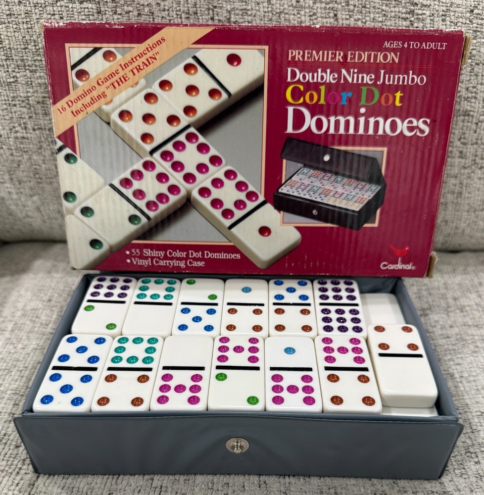 Cardinal Premier Double Nine Jumbo Color Dot Dominoes Set Vinyl Case NEW