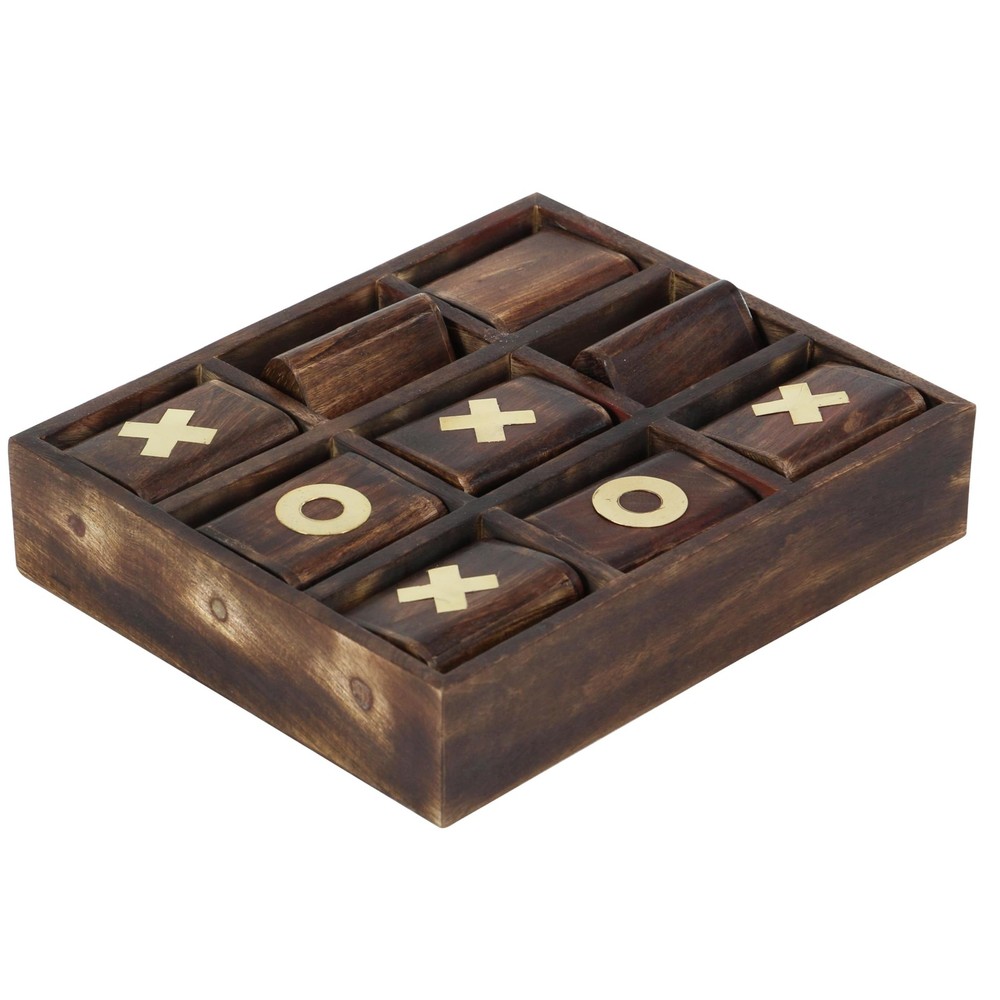 Deco 79 Mango Wood Tic Tac Toe Game Set Gold Inlay 11 X 13 X 3 Dark Brown 28555