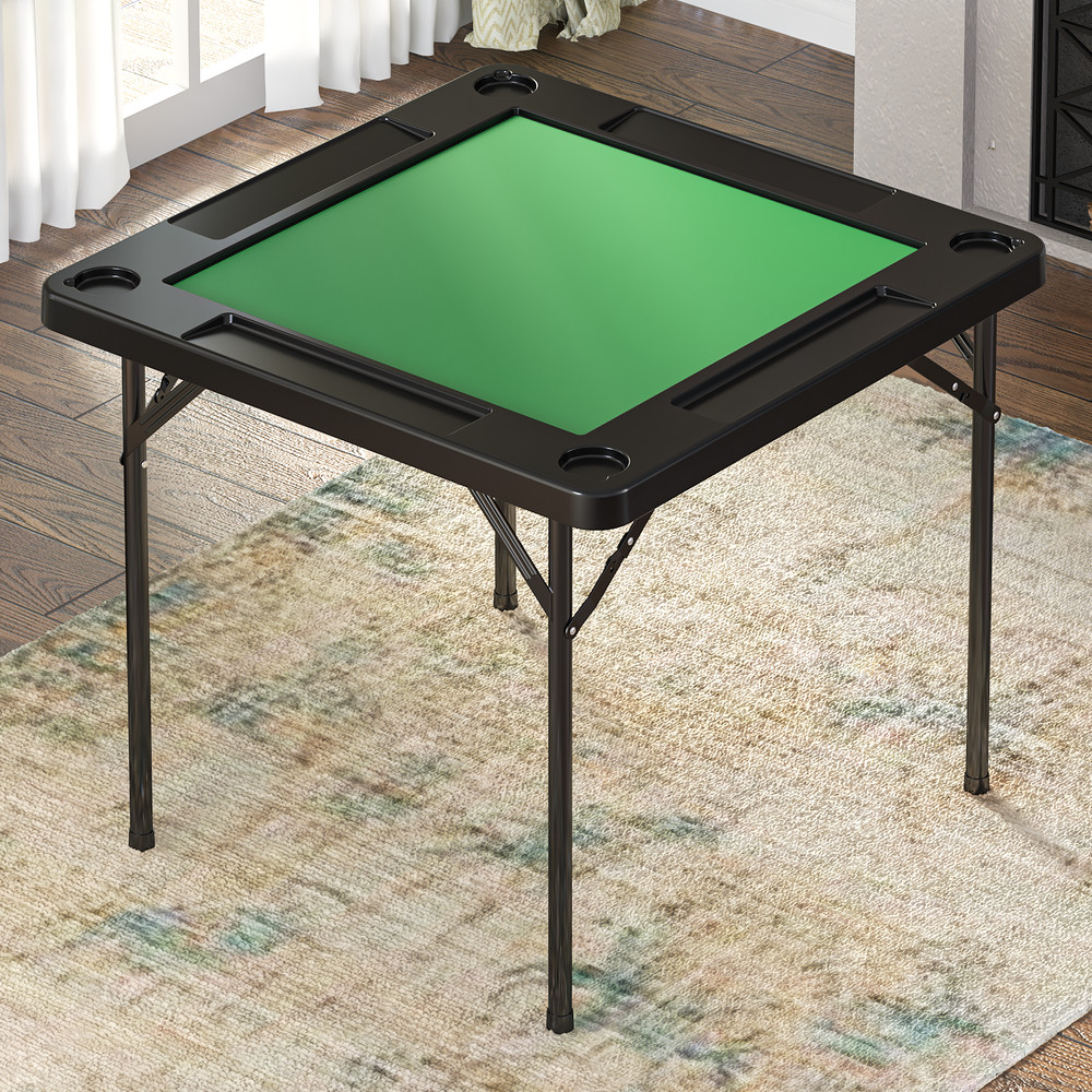 OROFULL Square Mahjong Table, Folding Game Table with Felt & Cup Holders, Black