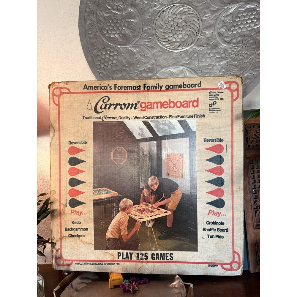 Vintage Carrom Gameboard 125 Games Reversible Wood Board Original Box No. 108