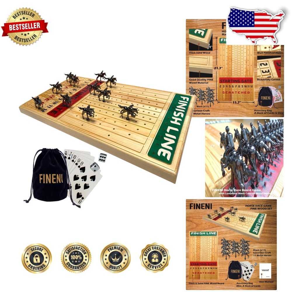 Elegant Pine Wood Horse Racing Game, Metal Miniatures, Family Board Game