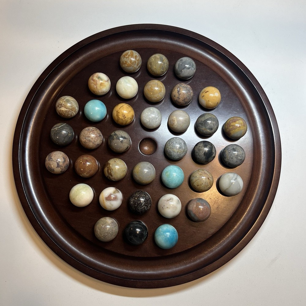 Vintage 1994 Bombay Company 13.5” Solitaire Wooden Game Board 36 Stone Marbles