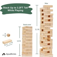 54 PCS Tumble Timber Set [Up to 3.2FT], Pine Wooden Tumble Tower Game with Di…
