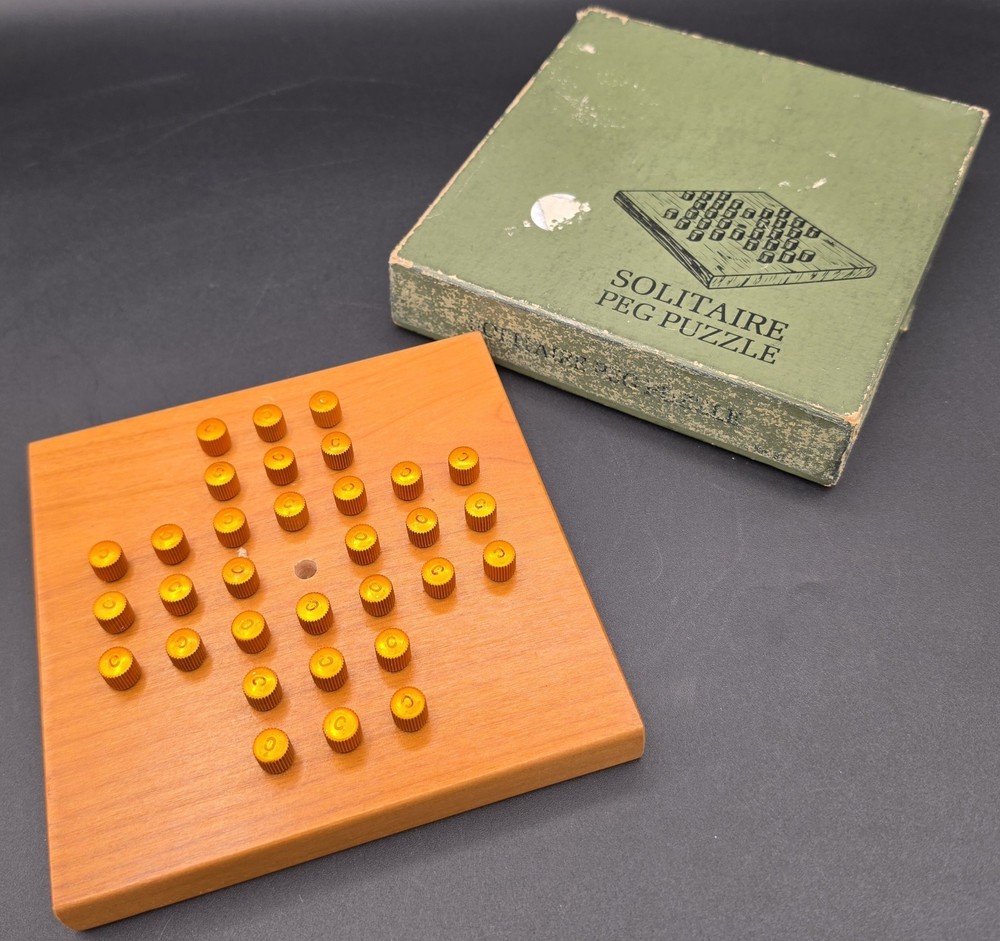 Vintage Crestline Solitaire Peg Puzzle Brain Game Wood Base Metal Pegs No. 310