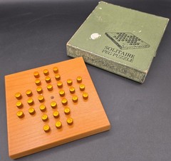 Vintage Crestline Solitaire Peg Puzzle Brain Game Wood Base Metal Pegs No. 310