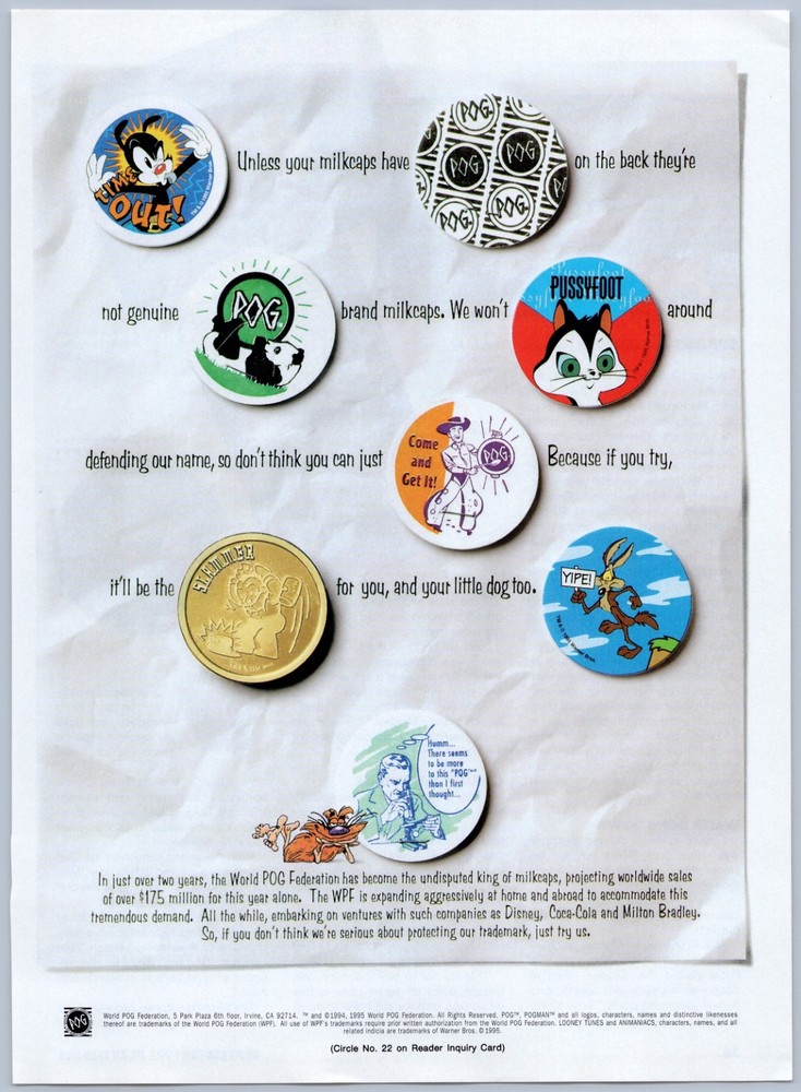 1995 World POG Federation Vintage Toy Ad Pogs TrademRK Branding Milk Cap Game